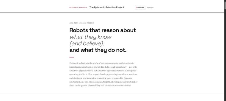 The Epistemic Robotics project site, headed "Robots that reason about what they know (and believe), and what they do not"