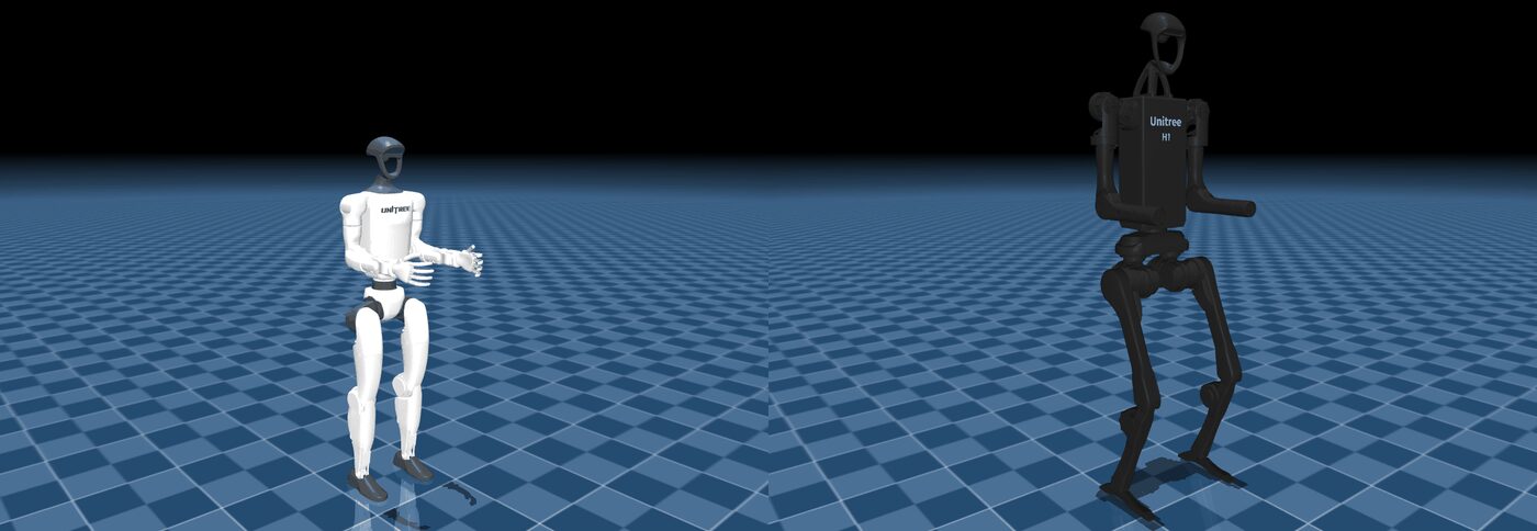 The Unitree G1, white, and the Unitree H1, black, standing on a checkered floor in MuJoCo
