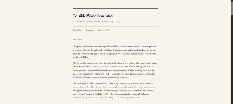 The Possible-World Semantics documentation site, subtitled "A Mechanistic Formalization in Dependent Type Theory"